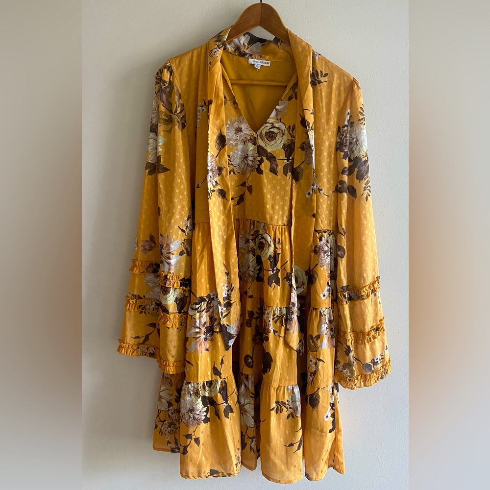 BTFL-life yellow floral boho dress with long bell sleeves and tie neck